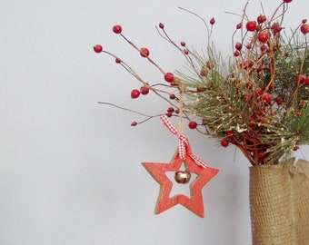 Red star ornament, wooden, red star outline with silver bell, vintage craft supplies for Xmas decor, Xmas tree ornament