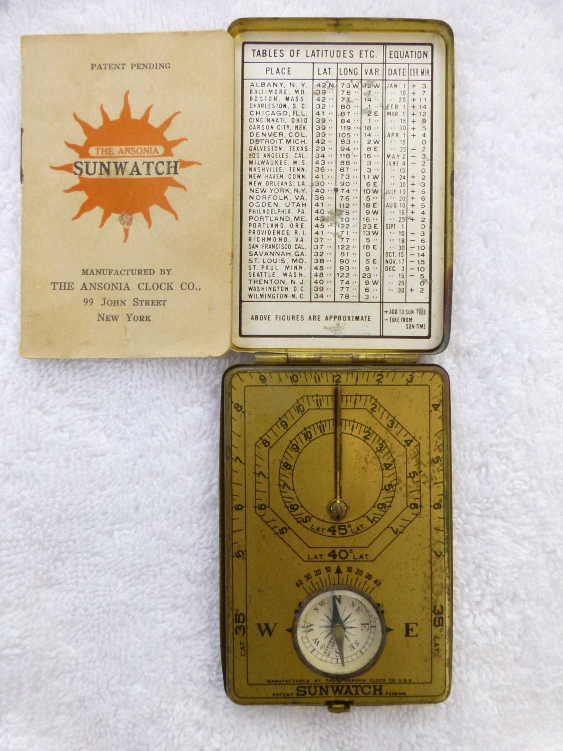 1921 The Ansonia Clock Co. SUNWATCH Pocket Sun Dial With