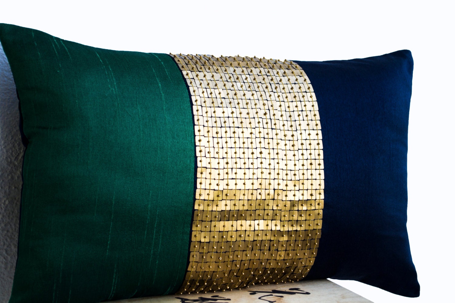 Beaded Throw Pillow Cover Emerald green navy blue gold color