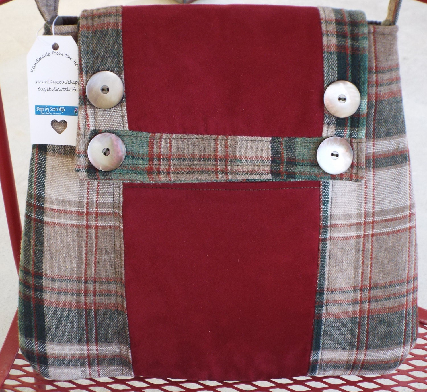 red and green plaid purse