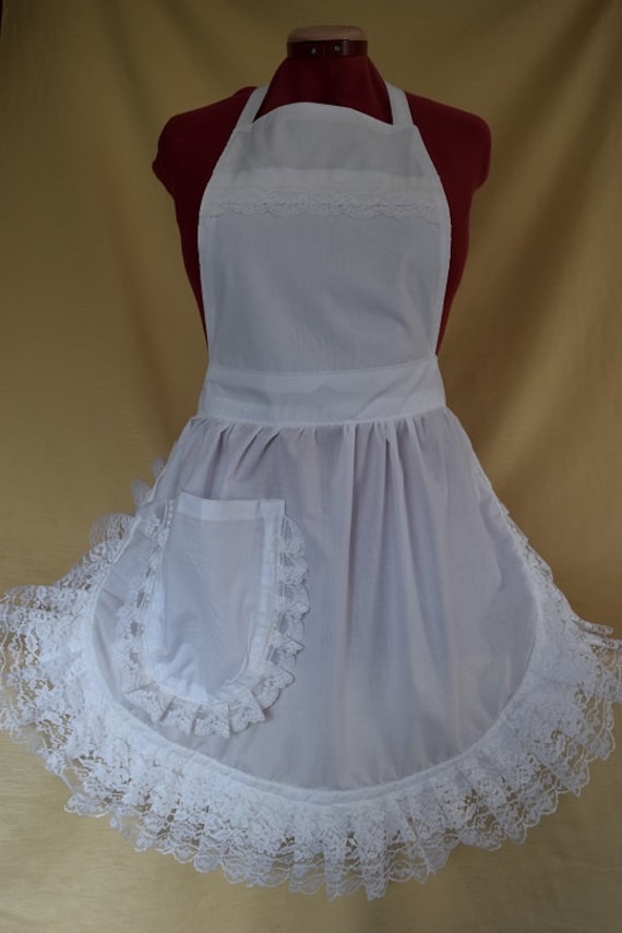 Retro Vintage 50s Style Full Apron / Pinny White with Lace