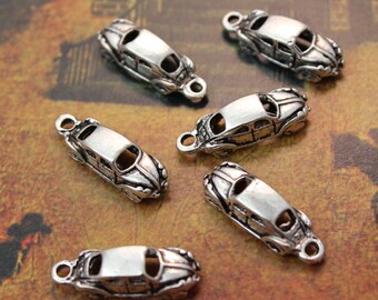 10 Car Charms Car Pendants Volkswagon Bug Antiqued Silver Double Sided 3D 7 x 18 mm