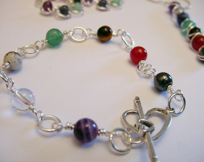 7 Chakra Bracelet, Semi Precious Stones, wire wrapped and linked, Heart Toggle Energy Centers, Reiki Jewelry, Gift Idea,