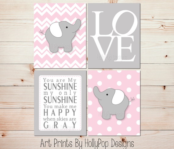 Pink Gray Nursery  Art  Elephant Nursery  Prints Pink Nursery 