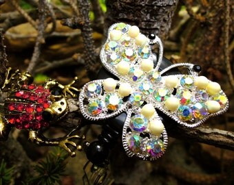 Cream Butterfly Badge Reel - Retractable Badge Holder Butterfly - Cute Jewelry Badge Clip - RN Gifts with Crystal - Retractable Badge Reel