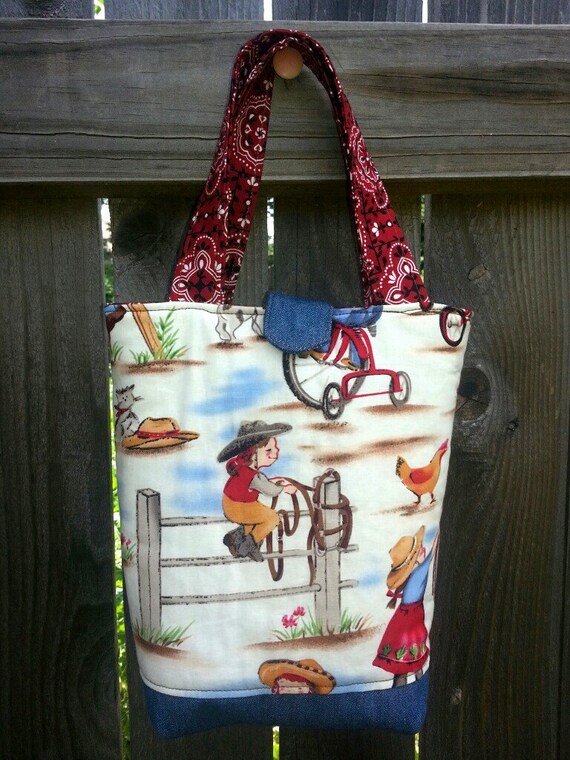 Small Kids Tote Bag with Cowgirls Denim by DeltownCreations