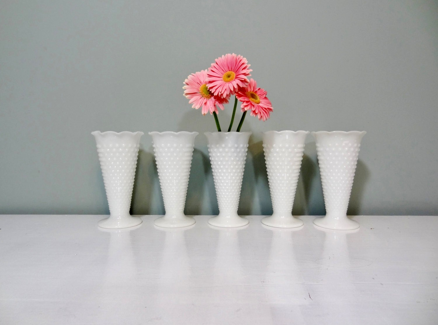 Lot of 5 Extra Large Beautiful Milk Glass Vases Pedestal