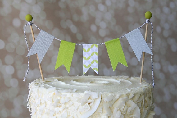 Lime Green & Grey Modern Geo Print Birthday Cake Bunting Pennant Flag Cake Topper-MANY Colors to Choose From!  Birthday, Shower Cake Topper