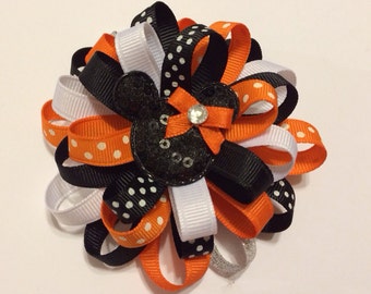 Halloween Loopy Minnie Mouse Hairbow - Halloween Hairbow - Orange Black and White Hairbow - Halloween Bows - Hairbows For Girls