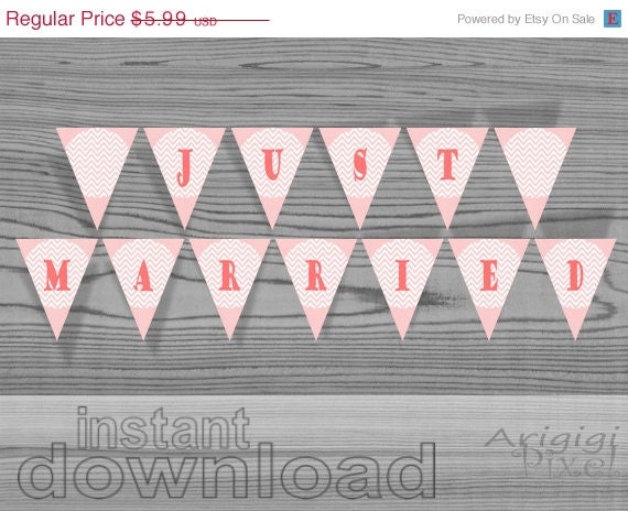 WEEKEND SALE 50% OFF just married peach pink printable banner letter over chevron circle wedding decoration Pdf file download immediately Il_570xn