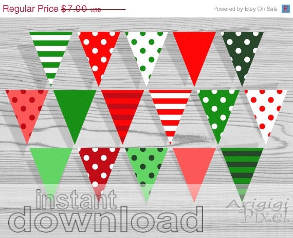 ON SALE 50 % OFF Christmas Printable Banner, Polka Dot, striped pennant, red, green, party bunting banner, instant digital download, ready t Il_570xn