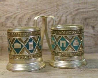 Glass Holders ... Volgograd ... Set of 2 Vintage Traditional Soviet Russian Tea Glass Holders