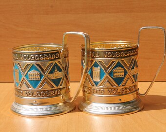 Glass Holders ... Volgograd ... Set of 2 Vintage Traditional Soviet Russian Tea Glass Holders
