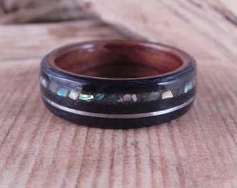 Ebony Wood Ring with Guitar String and Abalone Shell Inlay Bands, Made ...