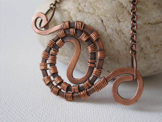 Copper spiral wire-wrapped necklace, copper necklace, statement necklace