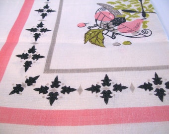 Vintage Linen Tablecloth Roosters, Fish, Corn, Fruit Pattern pink gray 1950s bright colors cotton 50x50