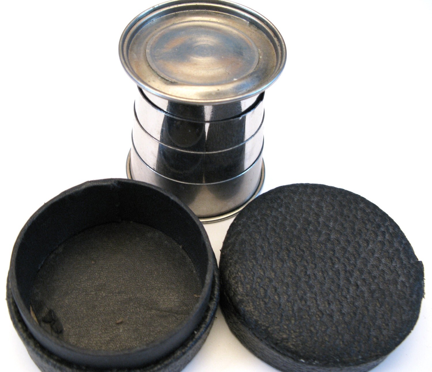 Vintage metal collapsible drinking cup travel cup with leather