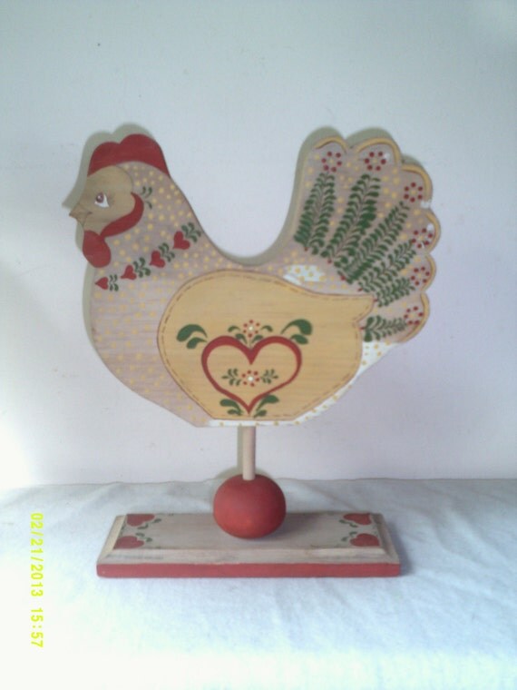Vintage 1980s Hand Crafted Wooden Painted Rooster/ Chicken on Stand, Wooden Roosters, Rooster Folk Art, Wooden Chickens, Folk Art Chicken