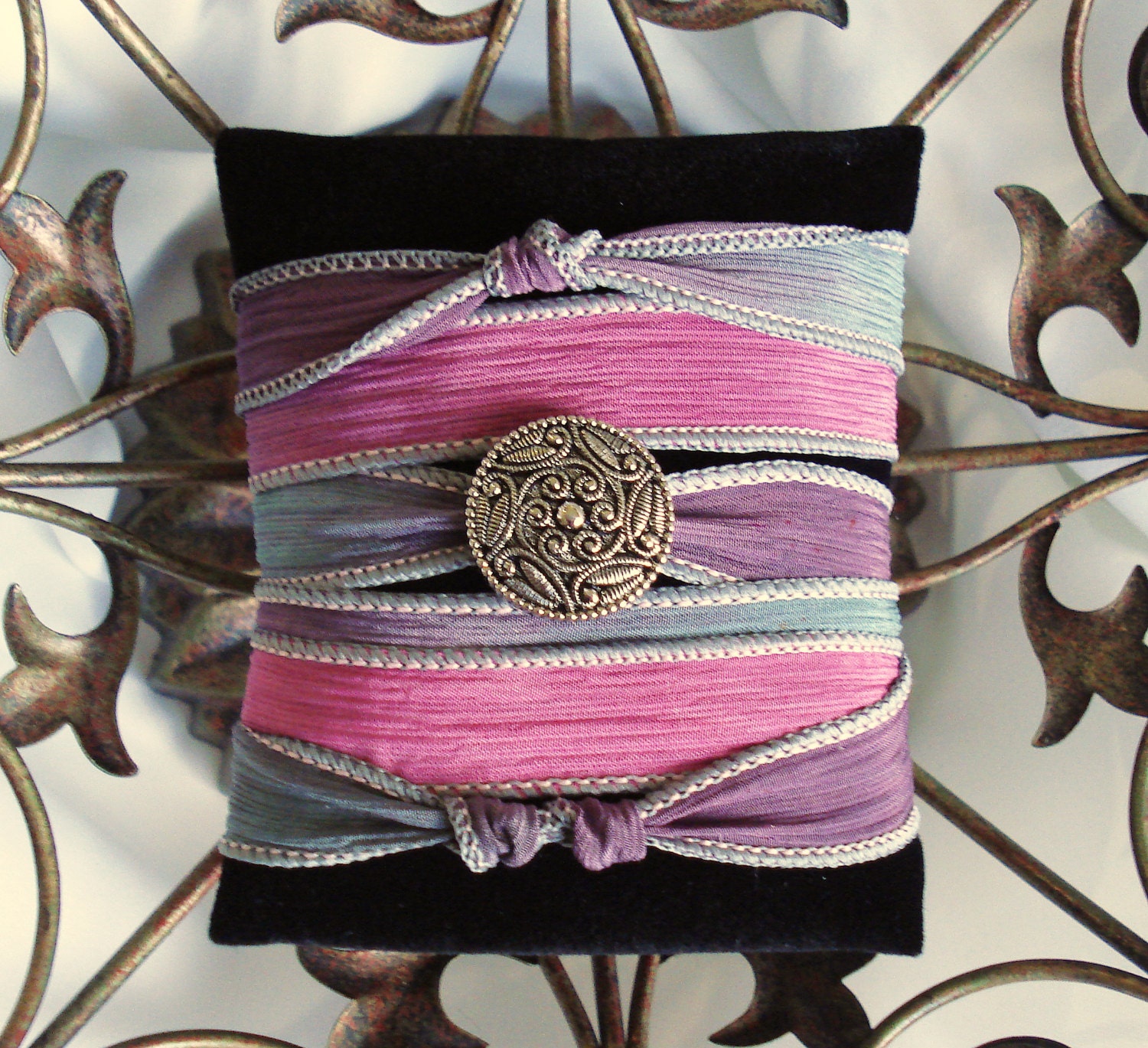 Hand Dyed Silk Ribbon Wrap Bracelet in Rose Plum Sea Green