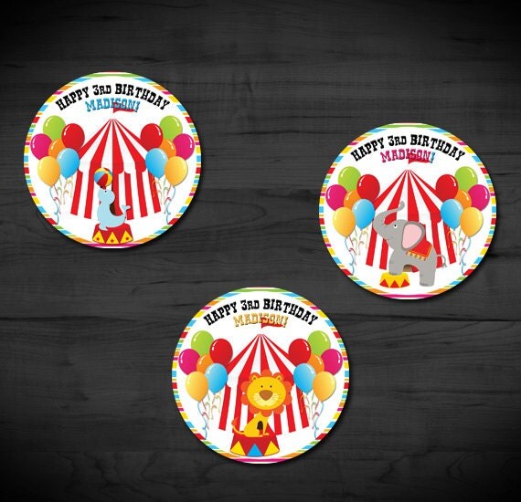 circus vintage labels bottle water Cupcake Tag, 3in Tag, Favor Circle Sticker, Carnival Circus Topper