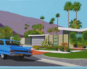 Mid Century Modern Eames Retro Limited Edition Print from Original Painting Palm Springs House Car