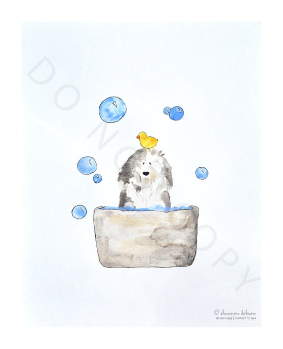 Old English Sheepdog Watercolour Bath Time by HelloNorman on Etsy