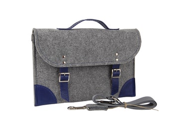 Felt Laptop bag 15 inch with pocket, sleeve, Macbook Pro 15 inch, Laptop case, grey felt and blue leather