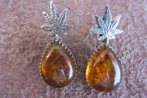 Honey Oil Earrings - 10% donation to Medical Cannabis Patient Jaqie Angel - Cannabis Amber Pot Leaf Earrings