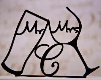 Mr and Mrs Custom Wedding Cake Topper - with your intitial inside toasting Beer and Wine Glasses Personalized Cake Topper