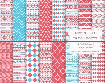 Tribal Digital Paper - Pink & Blue Tribal Digital Paper - Tribal Background - Geometric Pattern - Geometry Digital Paper - Scrapbook Paper