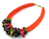 Orange T- Shirt Coconut Statement Necklace,Gift Ideas,For Her,Coconut Rings,Cotton Jersey,Fiber Jewelry,Women's Handmade Jewelry, elle&belle