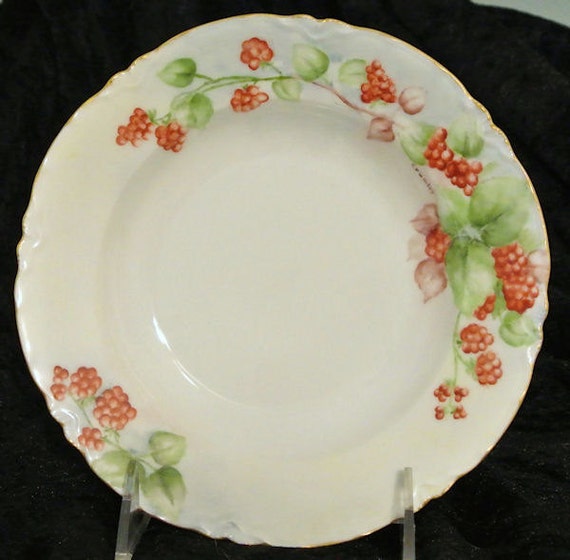 Limoges Artist Signed Hand Painted Porcelain Bowl Haviland France Raspberries Shallow Scalloped Edges Art Nouveau French 1900s Edwardian