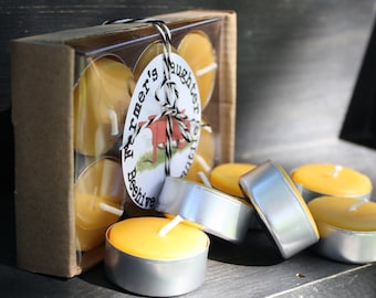 Set of 12 Pure Beeswax TEA LIGHTS in gift box Farmer's Daughter, hygge decor, Pure Beeswax Candles, 1 DOZEN tealights