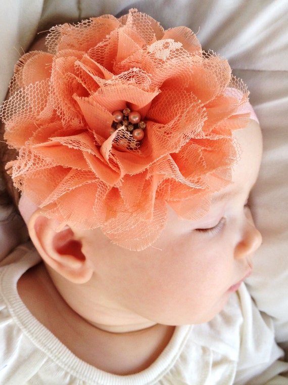 Items similar to Apricot Peach Chiffon & Lace Flower Headband (Newborn