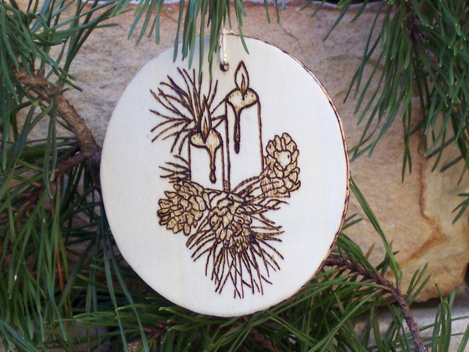 Candle With Pinecone Christmas Woodburned Wood Ornament