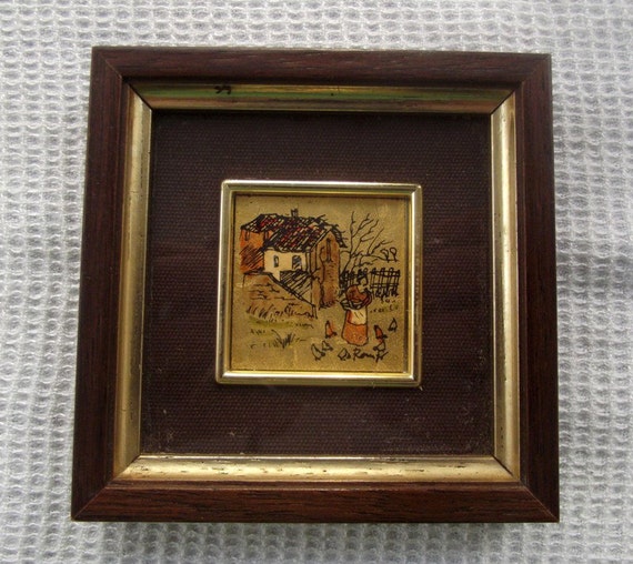 vintage gold foil small wood painting signed Artex handmade in