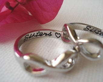 Set of 2 Infinity Rings...silver "Sisters with a heart" custom engraved ring , big and little sisters ring, forever and always
