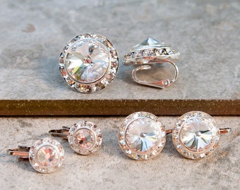 Clip on earrings, clear crystal, 3 sizes, silver finish, Swarovski crystal rondelle earring