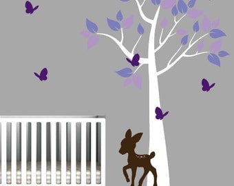 Forest Tree Vinyl Decal with Deer, Butterflies, and Colorful Leaves