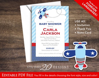 Instant Download Blue Airplane Birthday Invitations Editable Pdf, DIY 4x6 Printable Aviation Baby Shower Invitation, AUTOFILL enabled #37A