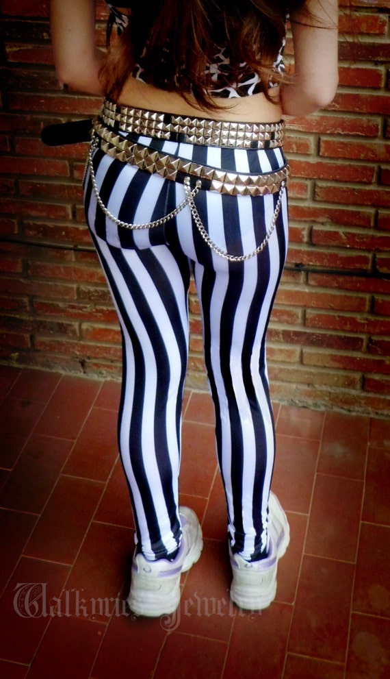 Black and white striped leggings unisex pants by WalkyriesJewelry