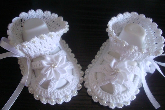 Hand Crocheted Baby Booties.Knit Crochet Baptism