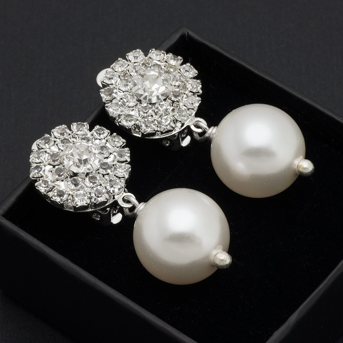 White Pearl Bridal Clip On Earrings Swarovski Clip On Earrings