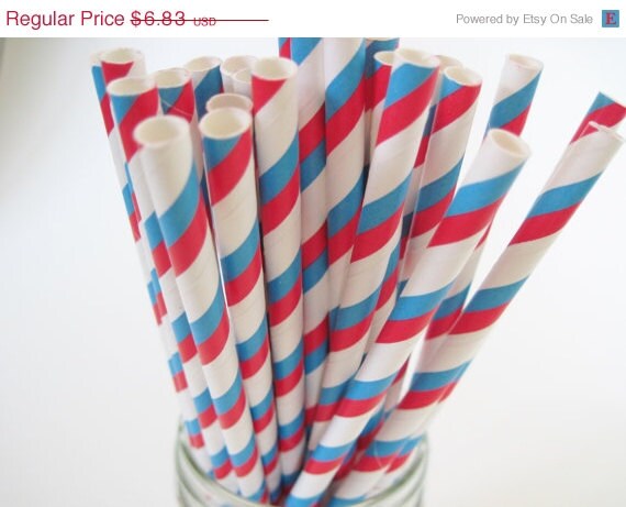ON SALE - 50 Bright Blue and Red Stripe Straws - Dr Seuss - ships less than 24 hours Il_570xn