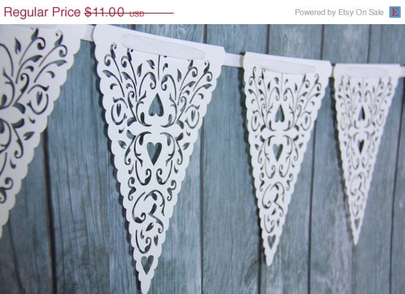 ON SALE - White Paper Lace Triangle Banner Pennant Garland Bunting Photo Prop Love Family Party reusable banner Il_570xn