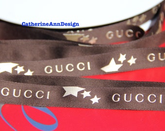 Authentic Gucci ribbon 1 yard brown & light gold Gucci LOGO satin 3/4" for hair bows headband dog collars key fob scrapbooking gift wrapping