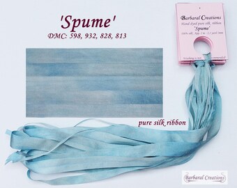 Hand dyed 7 mm wide pure silk ribbon, soie de ruban - 'Spume'