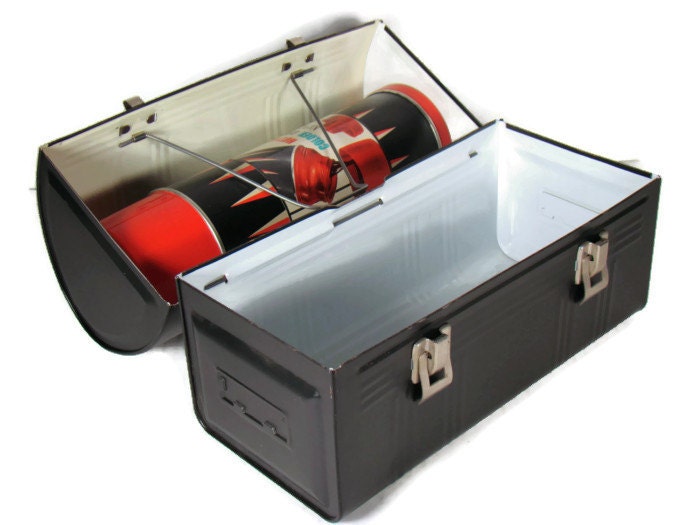 Vintage Black Metal Lunch Box / Lunch Pail With Thermos Bottle