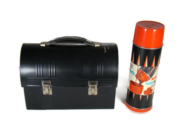 Vintage Black Metal Lunch Box Lunch Pail With Thermos Bottle