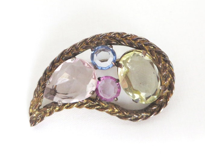 Pastel Teardrop Brooch, Vintage Blue Pink Purple Yellow Glass, Braided Gold Tone Pin